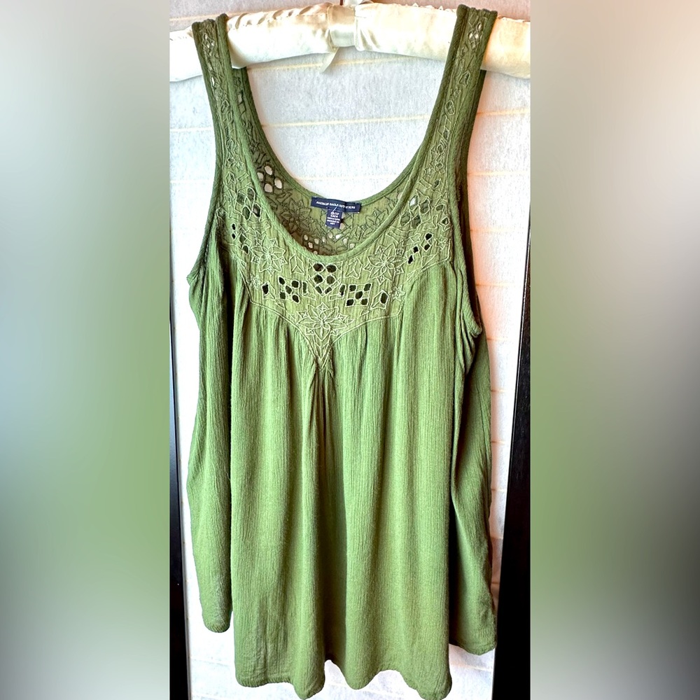 American Eagle Olive Loose Fit Tank Embroidered Yoke Size XS